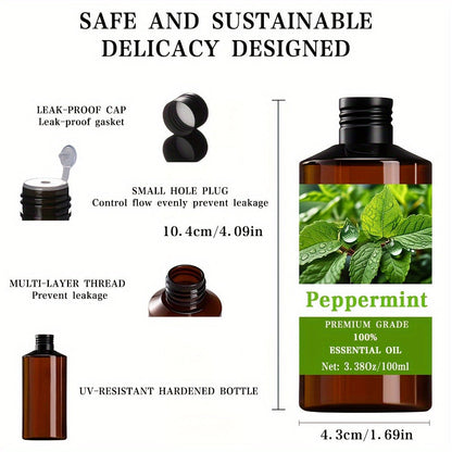 Essential Oil for Diffuser, Peppermint Cool Minty Aroma in 100ml Bottle for Diluted Topical, Diffuser and Massage Use