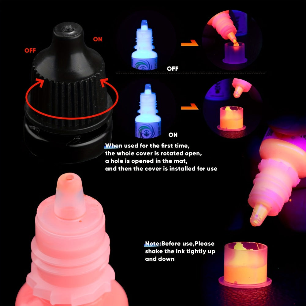 Tattoo Ink 8-Color UV Fluorescent Bottle Set with Violet and Neon Shades Across the with Item-Specific Color, Capacity and Bottle