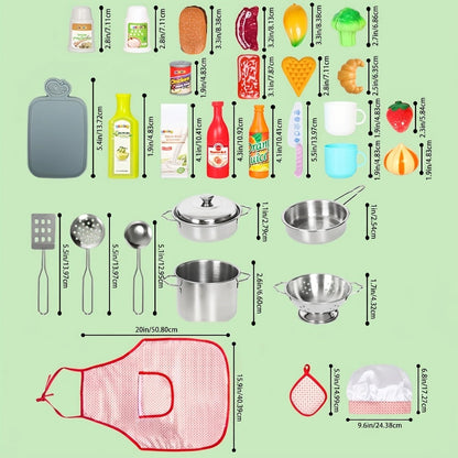 Kids Kitchen Playset 37pcs, Stainless Steel Play Pots & Pans Set with Apron, Chef Hat, Cooking Utensils & Play Food