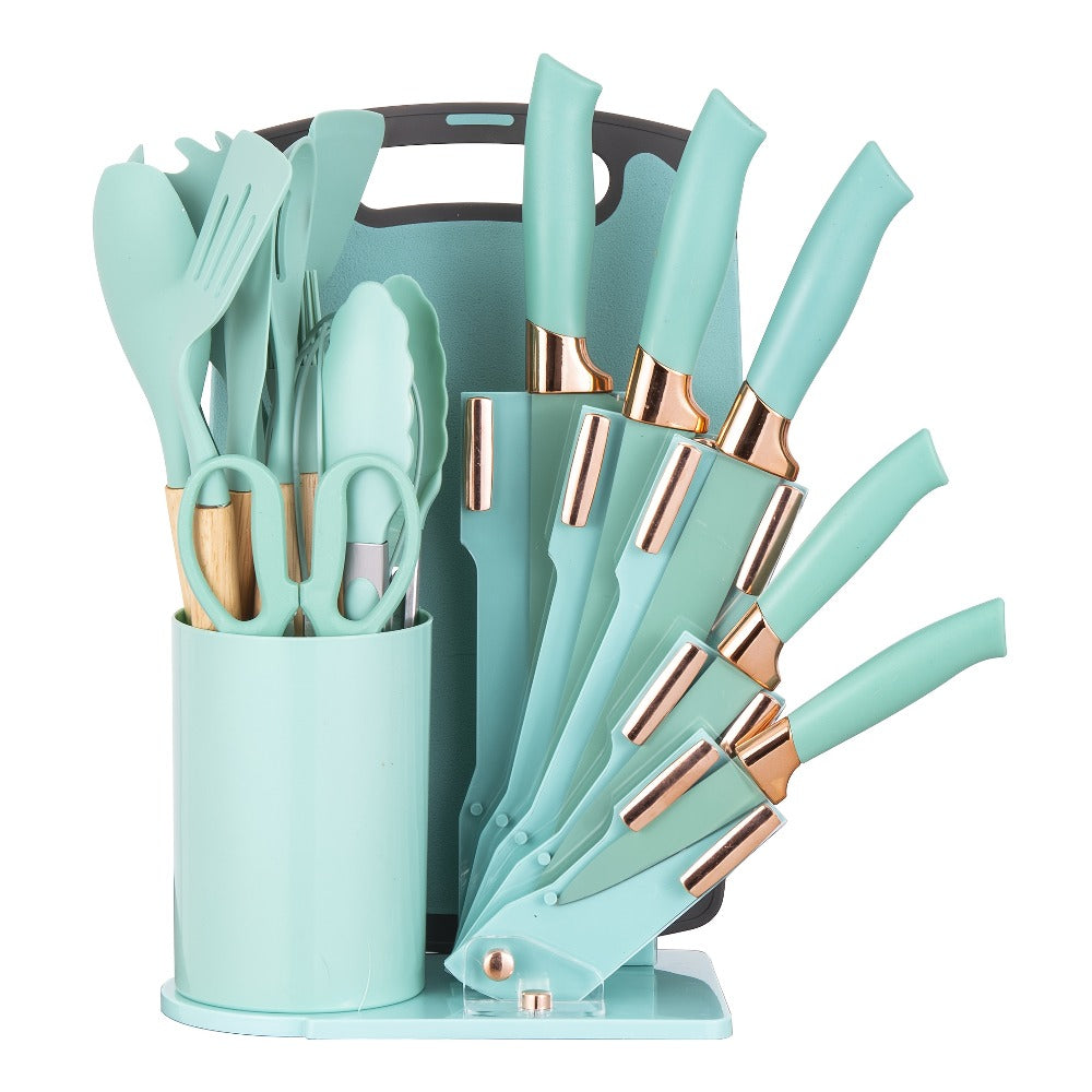 Kitchen Knife Set 19-Piece with Stainless Steel Blades, Wood Handles, Silicone Utensils, Board, Shears and Holder