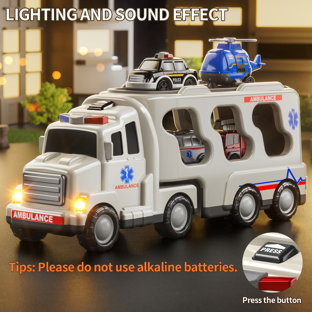 Ambulance Truck Toy 5-in-1 Carrier Set with Lights & Sounds, Friction Power Emergency Vehicle Playset for Kids Boys Ages 3+