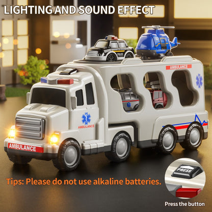 Ambulance Truck Toy 5-in-1 Carrier Set with Lights & Sounds, Friction Power Emergency Vehicle Playset for Kids Boys Ages 3+