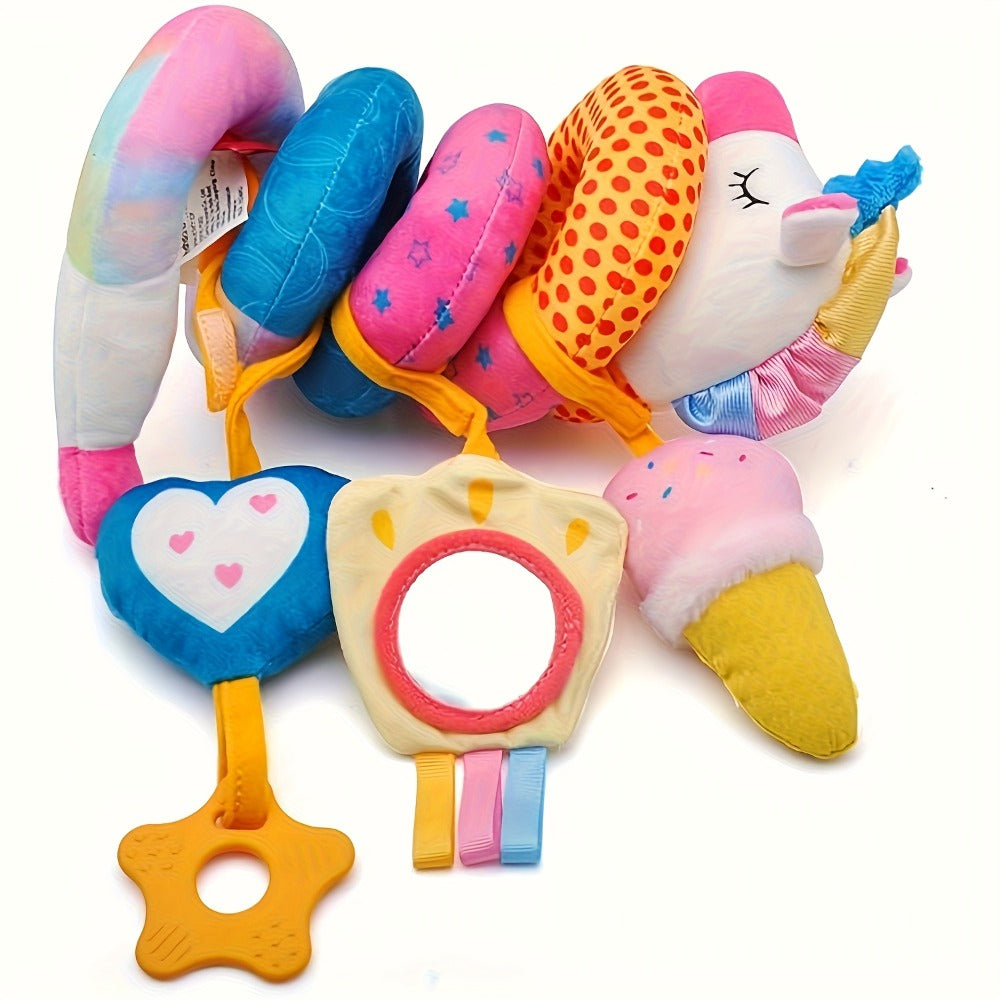 Baby Car Seat Toys 0-6 Months, Unicorn Rattle Mirror Crinkle Squeaky Stroller Toy Set for Infant Girls