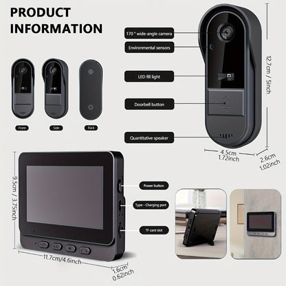 1920P Video Doorbell Camera with 4.3" Monitor & Dual Power - No WiFi No App, Battery & USB, Two-Way Audio
