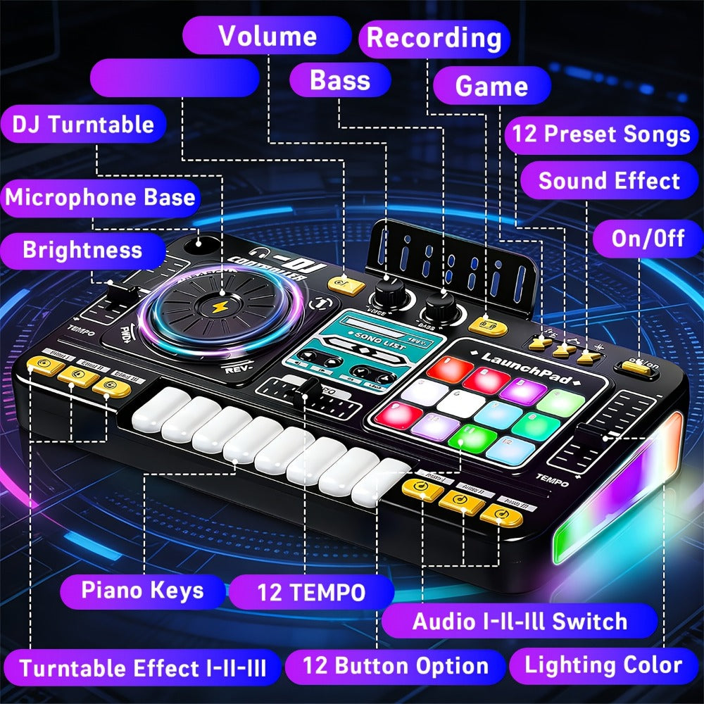 Kids DJ Mixer Toy Set with LED Lights, Microphone & Piano Keys, 100+ Sound Effects, Disco Mode, Rechargeable