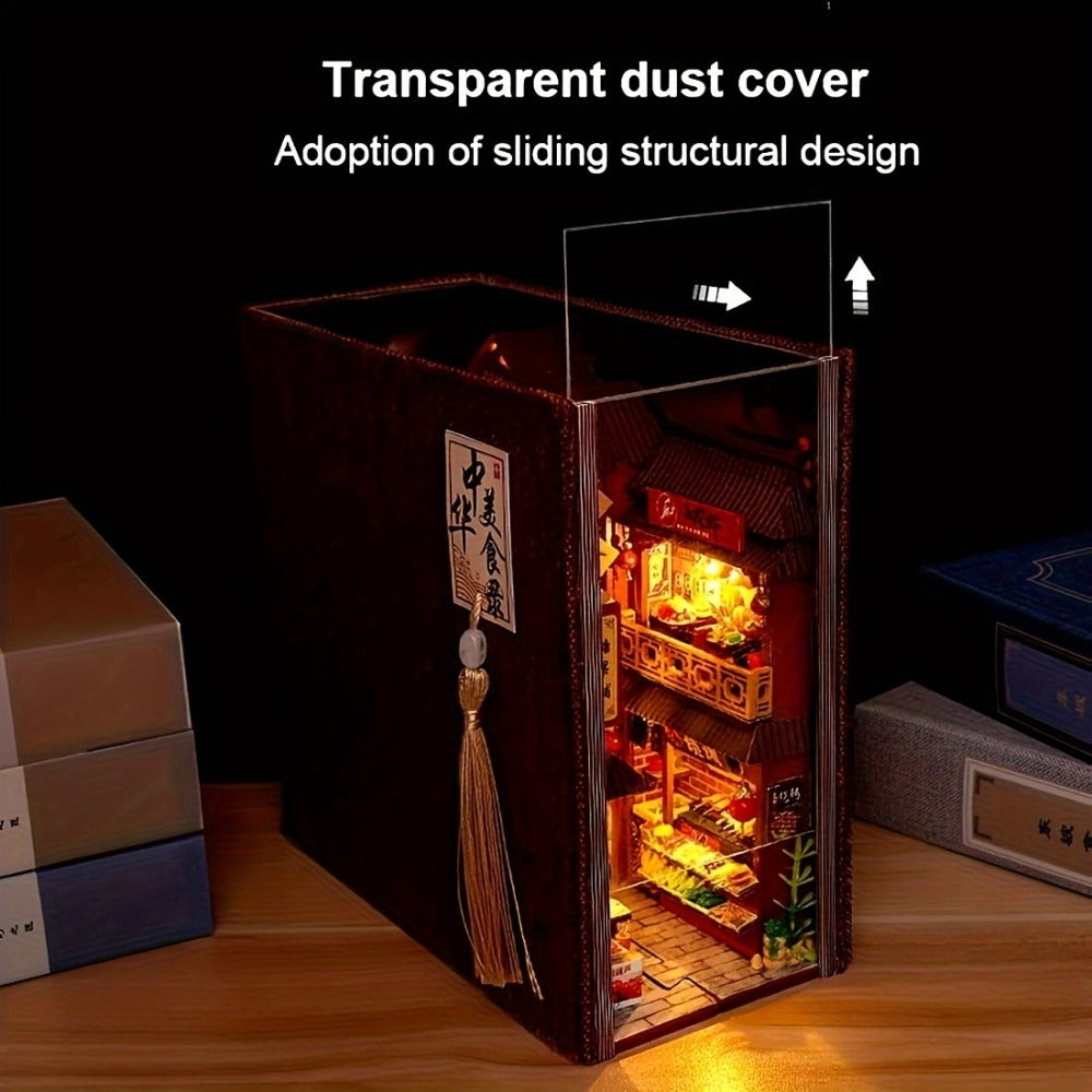Book Nook Kit Chinese Food Street Miniature Dollhouse 3D Wooden Puzzle Bookshelf Insert DIY Model Building Set for Adults Teens