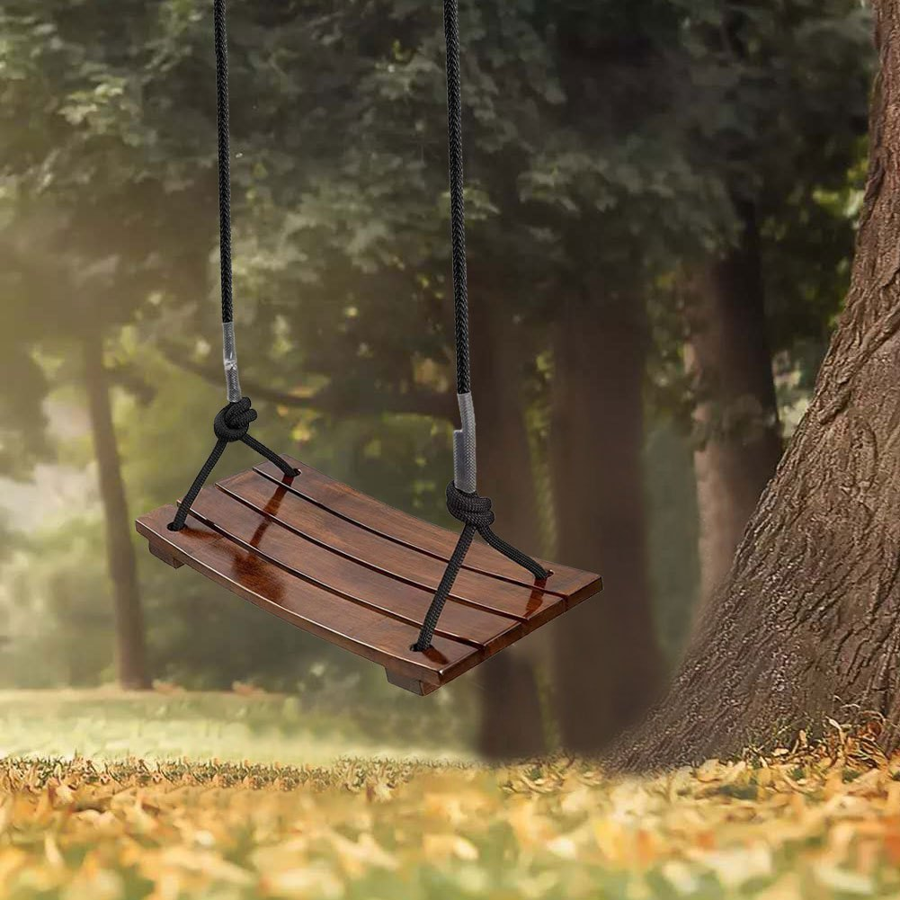 Solid Wood Outdoor Swing Seat 440LBS Capacity Adjustable Rope Length Single Seat Tree Swing for Kids Adults Backyard Garden Patio Hanging