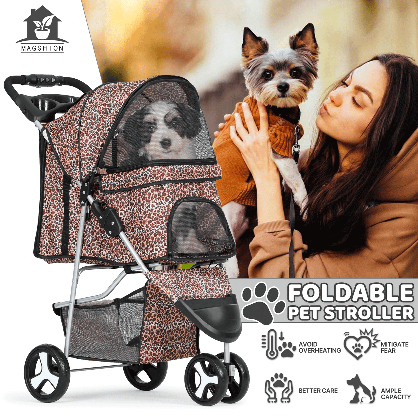 Pet Jogger Stroller 3-Wheel for Small & Medium Dogs & Cats up to 33 lbs – Foldable Oxford Waterproof Dog Cat Pram with 360° Swivel Wheels