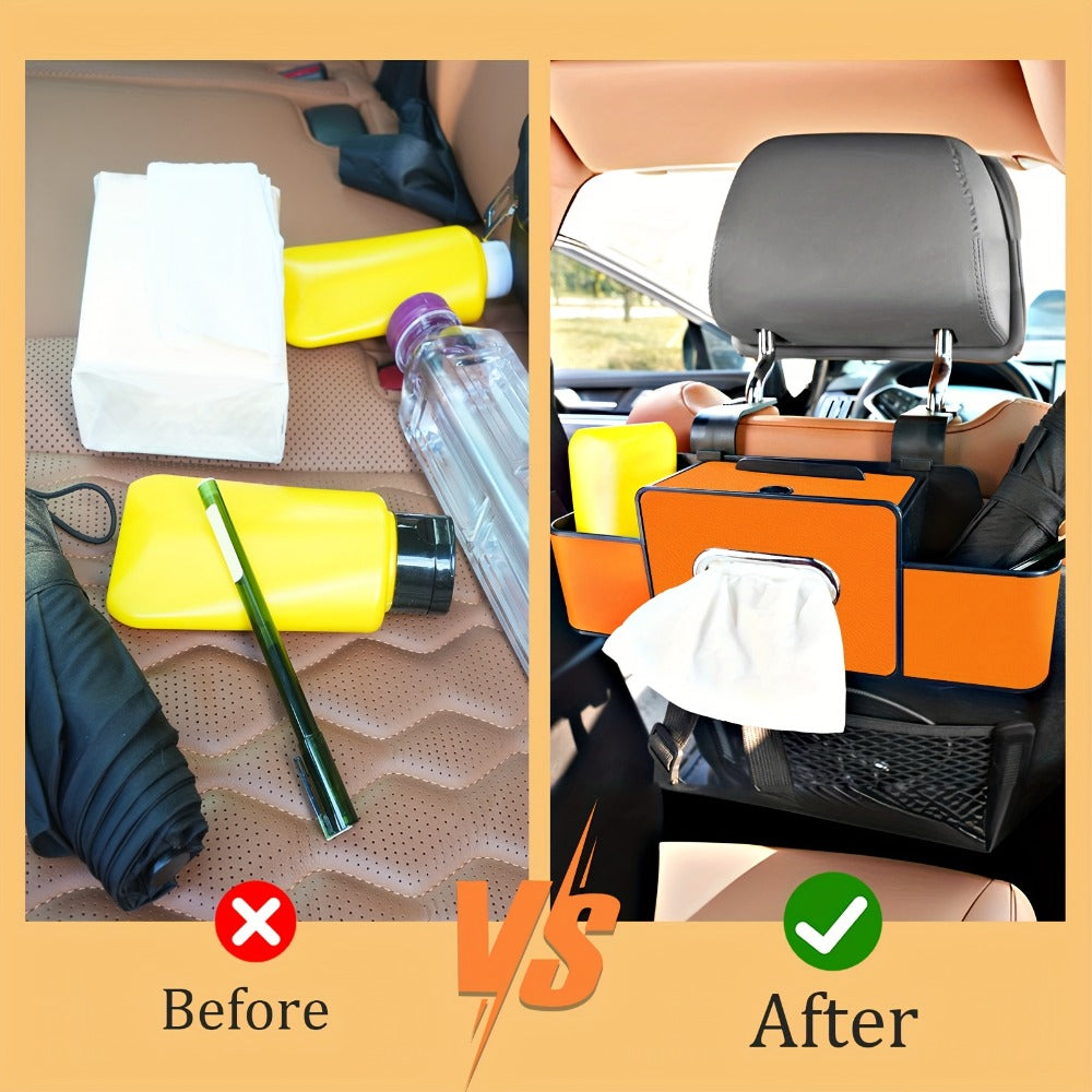Compact Headrest-Hanging Car Organizer with Two Cup Pockets, Tissue Opening, Hooks and Five Pack Options