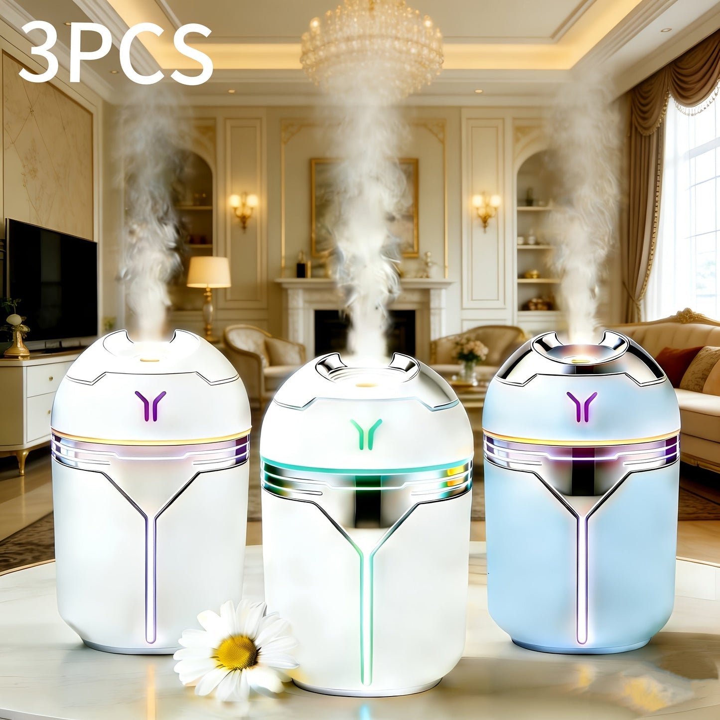 Humidifier 3-Piece Mini Set with Adjustable Spray, Color Lighting and White-Blue Combinations