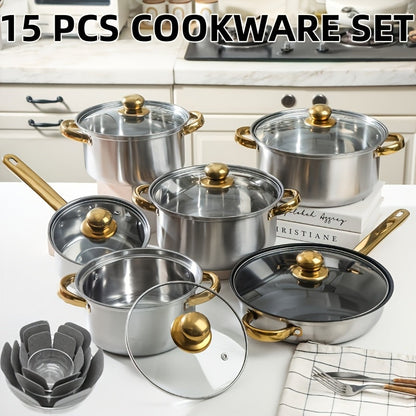 Cookware Set, 10-, 12- or 15-Piece Stainless Steel Deep Pots with Glass Lids, Double Handles and Three Finishes