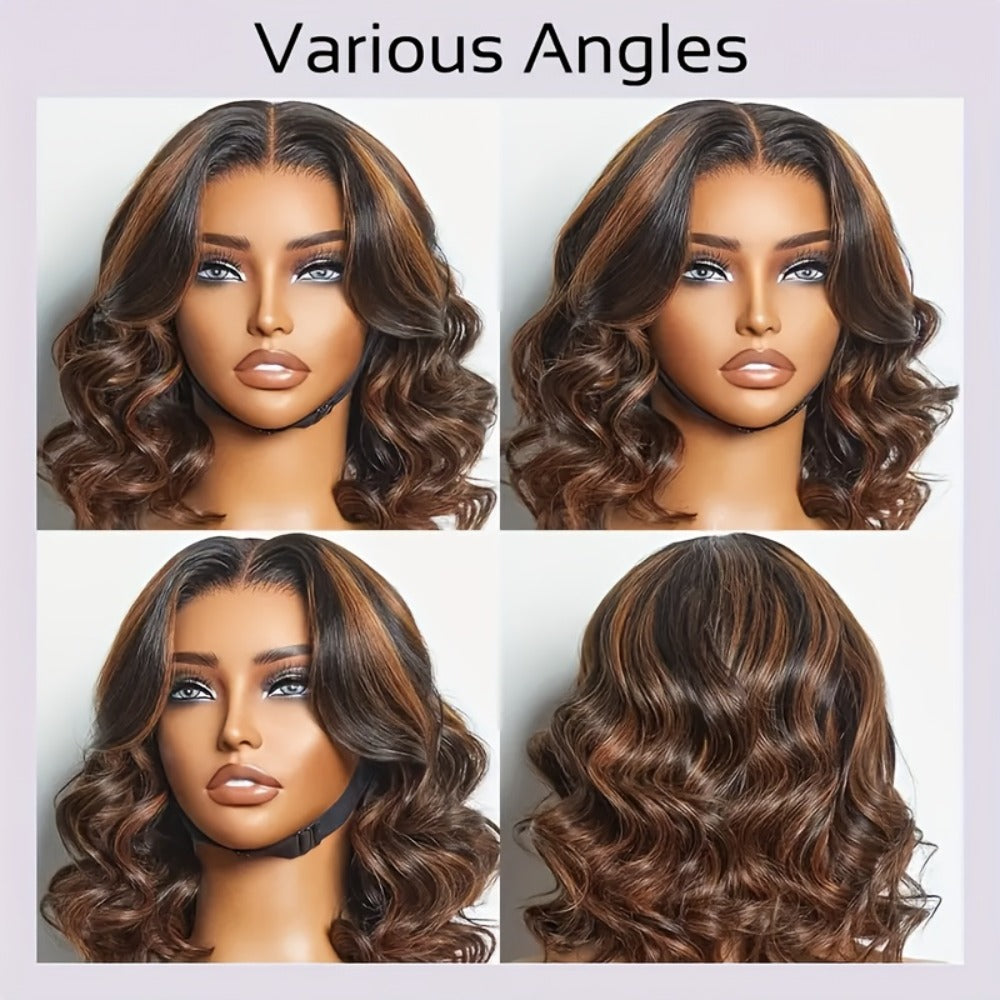 200% Density Lace Front Wig Human Hair Brown Highlights Long Wavy Pre-Plucked Glueless Heat, for Home, Travel and Salon Hair Styling