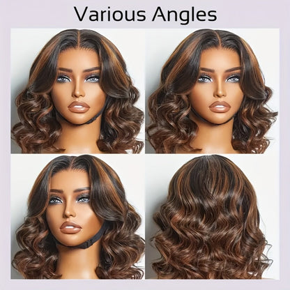 200% Density Lace Front Wig Human Hair Brown Highlights Long Wavy Pre-Plucked Glueless Heat, for Home, Travel and Salon Hair Styling