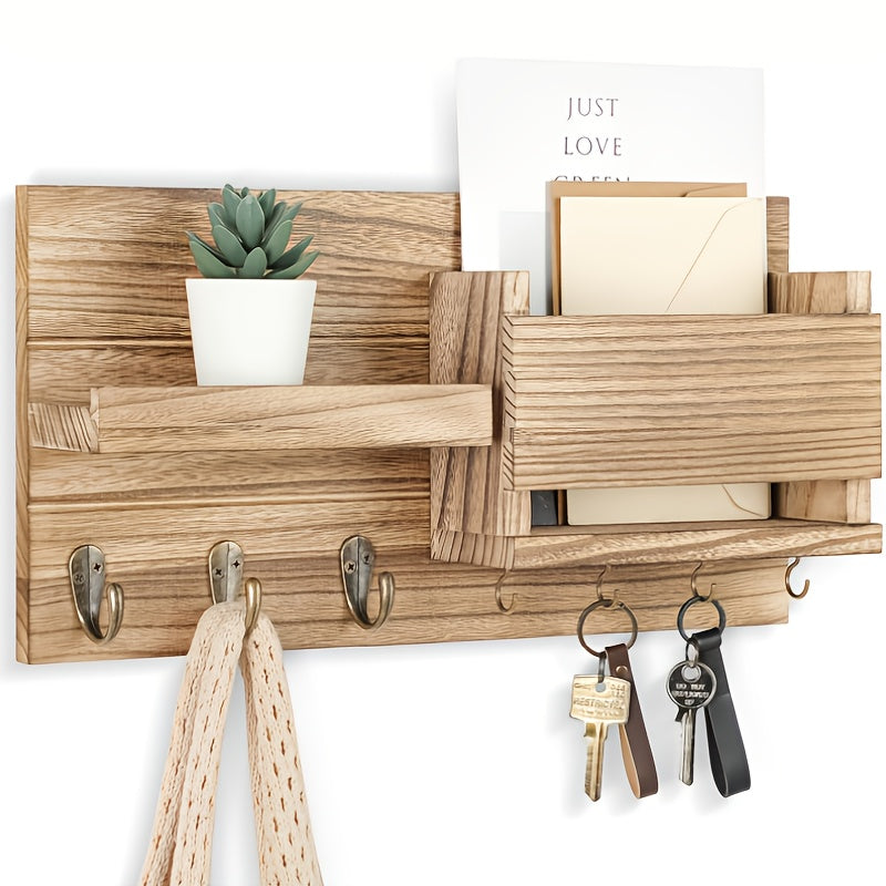 Wall Mounted Storage Rack with Mail Slot – Rustic Wood Floating Shelf with Hooks for Keys, Hats & Envelopes