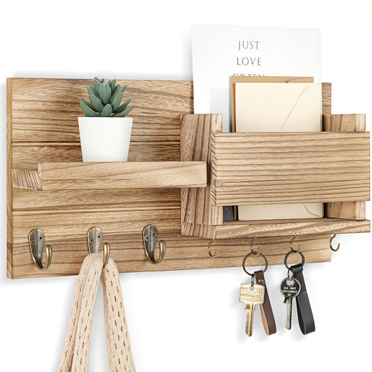 Wall Mounted Storage Rack with Mail Slot – Rustic Wood Floating Shelf with Hooks for Keys, Hats & Envelopes