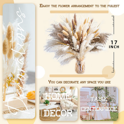 Natural Pampas Grass Decor Bouquet 105/120pcs Boho Dried Floral Arrangement - Centerpiece for Entryways, Bedrooms and Living Spaces