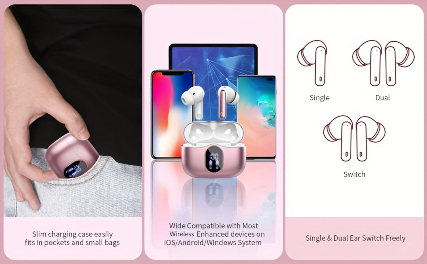 Wireless Earbuds Bluetooth 5.3 with Call Noise Reduction Mic, LED Display Case and Eight Color Options