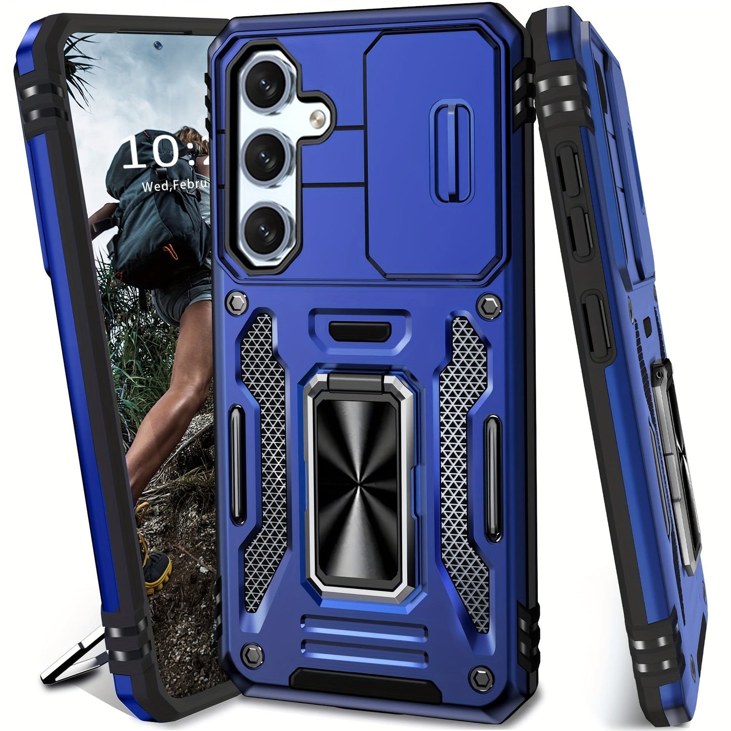 Samsung Galaxy Shockproof Magnetic Phone Case with 360° Rotating Ring Bracket & Sliding Lens Protector – Heavy Duty Cover for S24FE S23FE