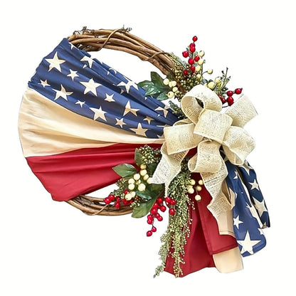 Patriotic 4th of July Door Wreath – Red White & Blue American Flag Wreath with Burlap Bow for Independence Day