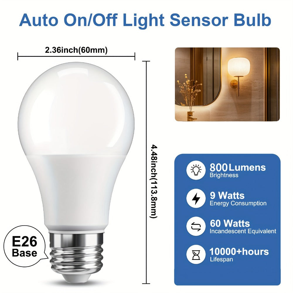 Dusk to Dawn LED Bulbs 4 Pack Auto On Off Light Sensor – 9W 60W Equivalent E26 Base 2700K Warm White for Porch Garage Pathway Outdoor