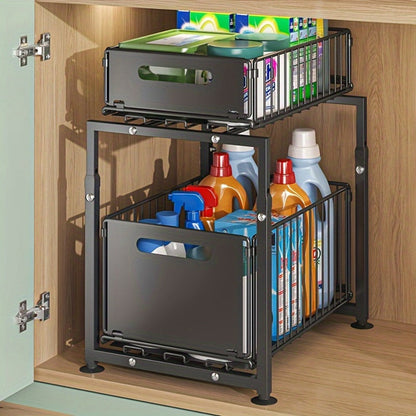 Under Sink Organizer 2-Tier Pull Out – Adjustable Height Carbon Steel Cabinet Storage Shelf for Kitchen and Bathroom