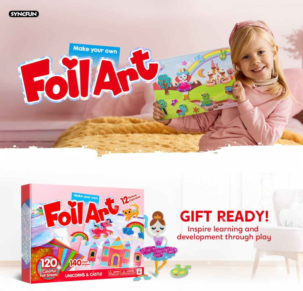 Foil Art Kit for Girls 10 Canvases 120 Colorful Foil Sheets 140+ Foam Stickers, Mess-Free Glue-Free Unicorn Princess Fairy Craft