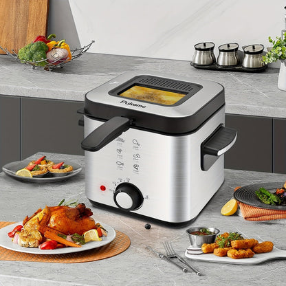 1500W Black Deep Fryer with 1.5L or 2.5L Capacity, Windowed Removable Lid and Temperature Dial
