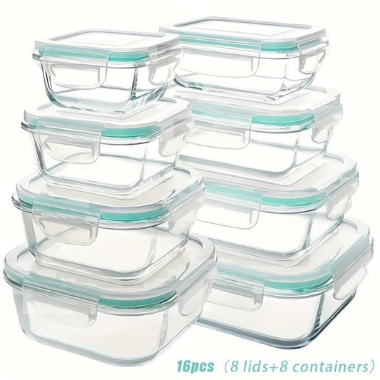 Glass Meal Prep Containers 16 Piece Set (8 Lids + 8 Containers) - Borosilicate Glass Food Storage with Leak Proof Lids