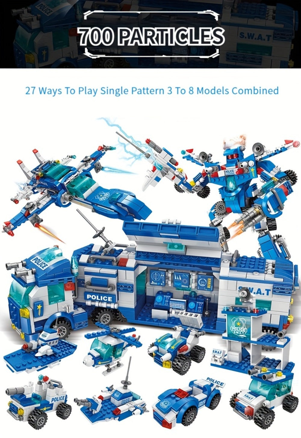 City Police Building Blocks Set 700 Pieces, Patrol Car Truck with Action Figures, Brick Toy for Boys Role Play STEM