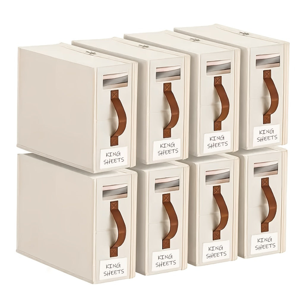 Handled Bed Sheet Storage Cases in Gray or White with Front Windows and Four- or Eight-Piece Sets