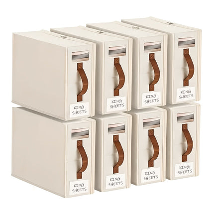Handled Bed Sheet Storage Cases in Gray or White with Front Windows and Four- or Eight-Piece Sets