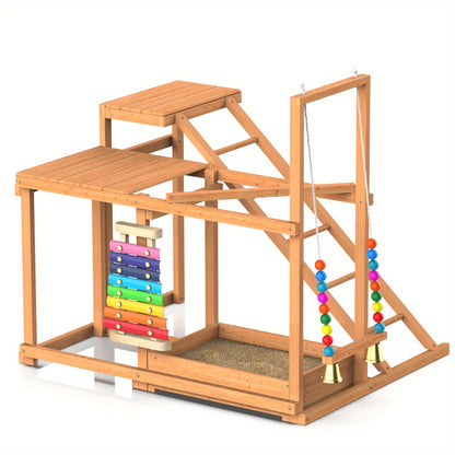 Chicken Coop Toy Activity Play Stand with Perches Swing Ladder Feeder Xylophone Bell Natural Wood Poultry Enrichment Gym for 3-4 Chickens