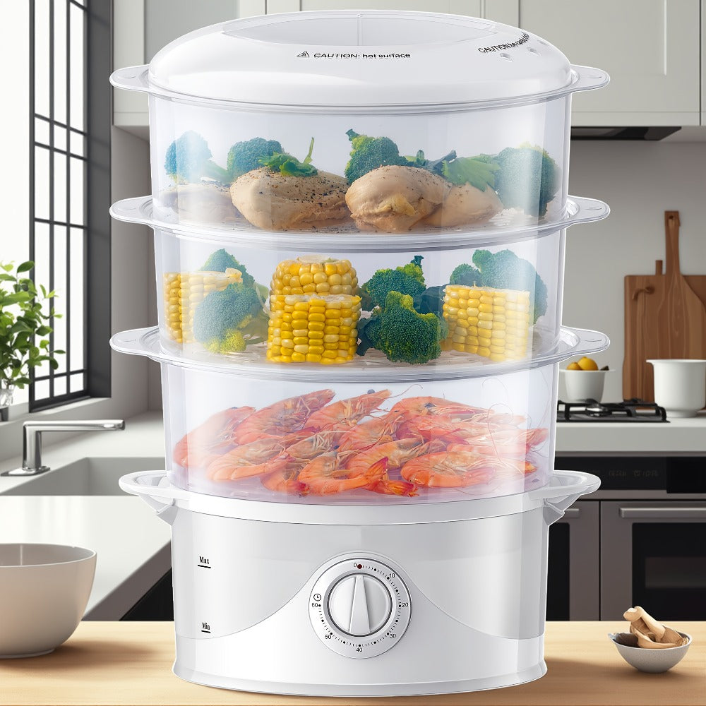 Electric Food Steamer 3-Tier 9.6QT Large, 800W Fast Cooking, 60-Min Timer, Boil-Dry Protection, &