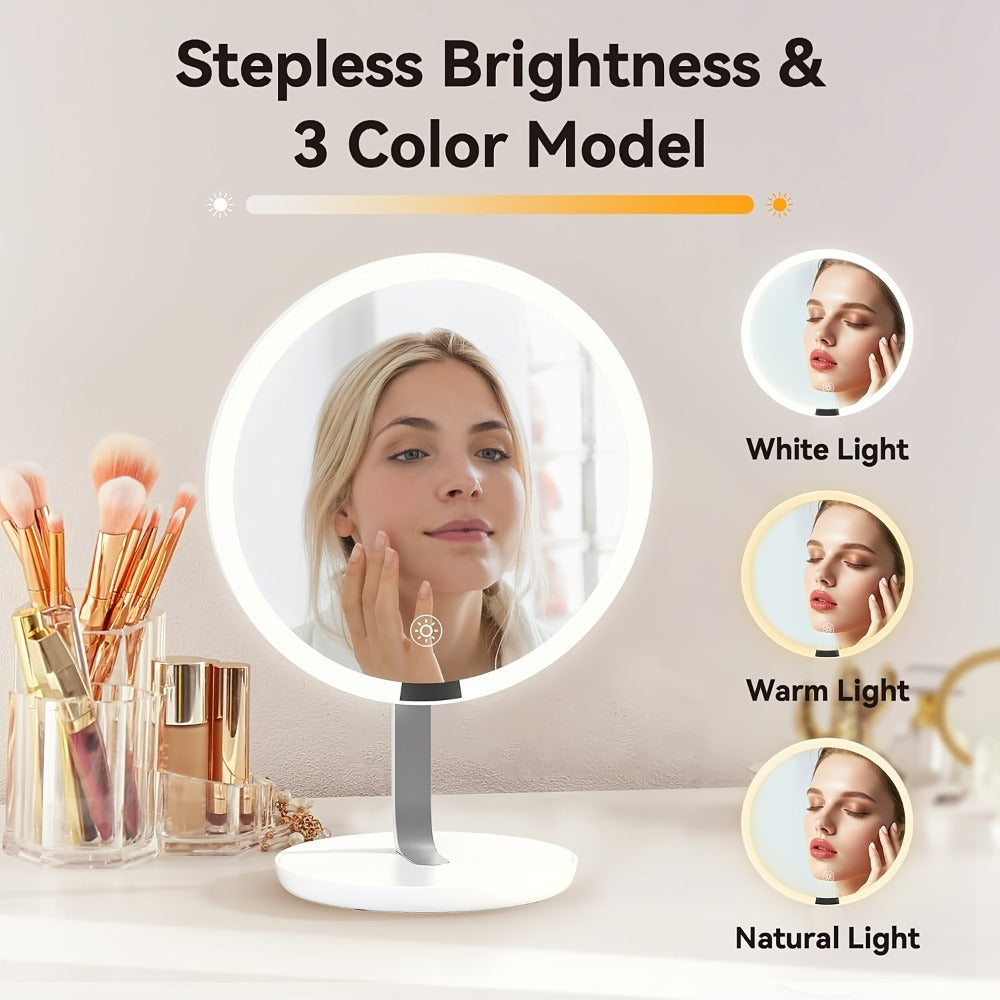 Makeup Mirror Round LED Desktop Stand with Detachable 10X Suction Mirror, Three Light Colors, Touch Dimming and USB Power