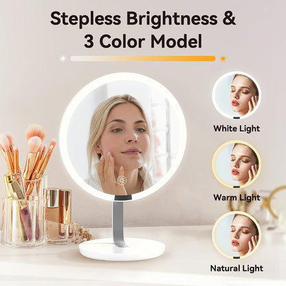 Makeup Mirror Round LED Desktop Stand with Detachable 10X Suction Mirror, Three Light Colors, Touch Dimming and USB Power