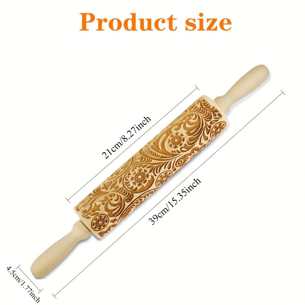 Embossed Wooden Rolling Pin with Engraved Pattern, Decorative Patterned Rolling Pin for Cookie Baking