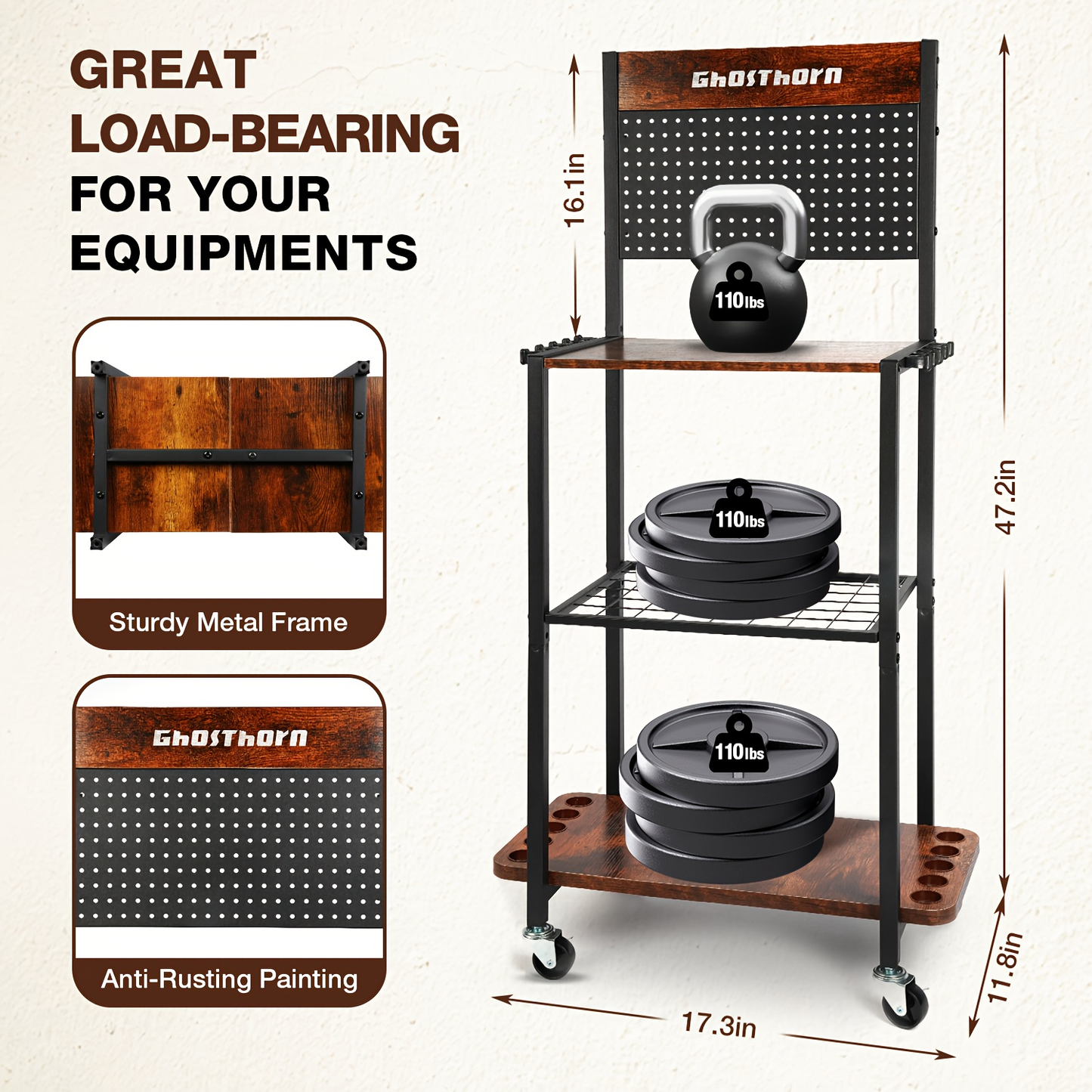 Fishing Rod Holder Rack for Garage Holds Up to 10 Rods Iron Construction with Pegboard Hooks Rolling Wheels Fishing Pole Storage Organizer