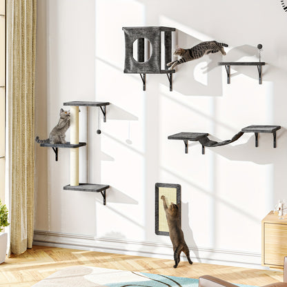 Cat Wall Shelves 5-Piece Set – Wall-Mounted Cat Furniture with Floating Perch, Cat Climber, Bridge & Cat Bed