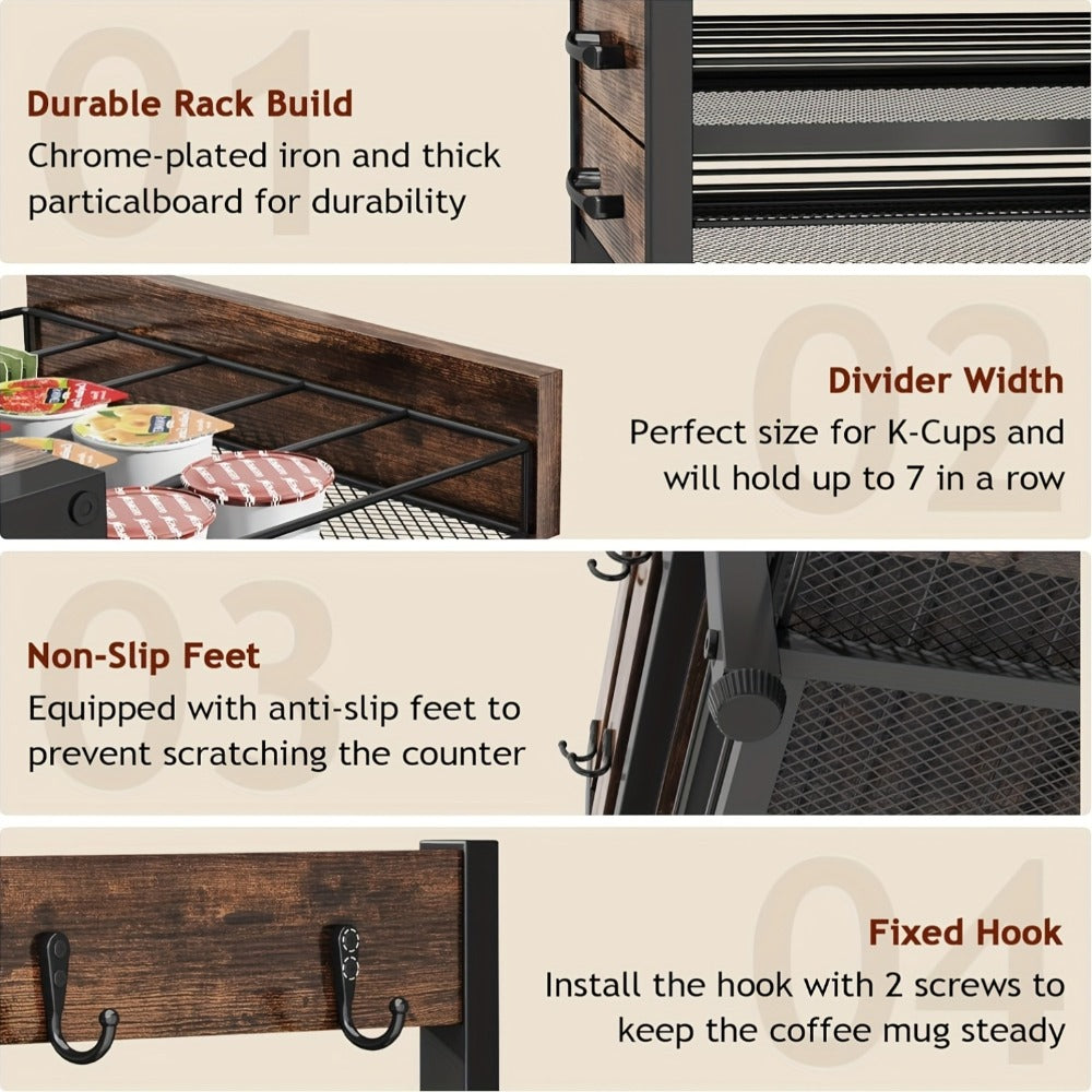 Kitchen Organizer Coffee Capsule and Mug Rack with Single or Double Layer Countertop Stand in Rustic Brown