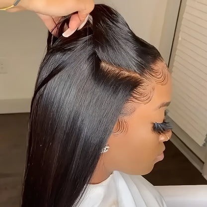 Wig Bone-Straight Glueless Human Hair in Natural Black, 10-34 Inch Options with Pre-Cut 6x4.5 Lace