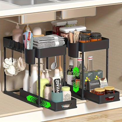 Two-Tier Under-Sink Organizer with Lower Sliding Basket, Four Removable Hooks and One Hanging Cup
