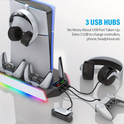 Headset Holder PS5 Cooling Stand with RGB Light, 3-Level Fan, Controller Charger & 3 USB Ports