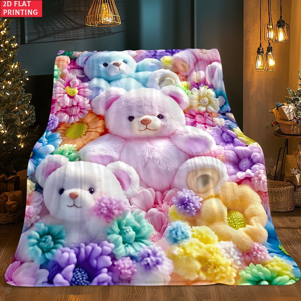 Teddy Bear Floral Blanket 2D Flat Print – Soft Lightweight Colorful Throw for Sofa Bed Travel Camping Office Living Room
