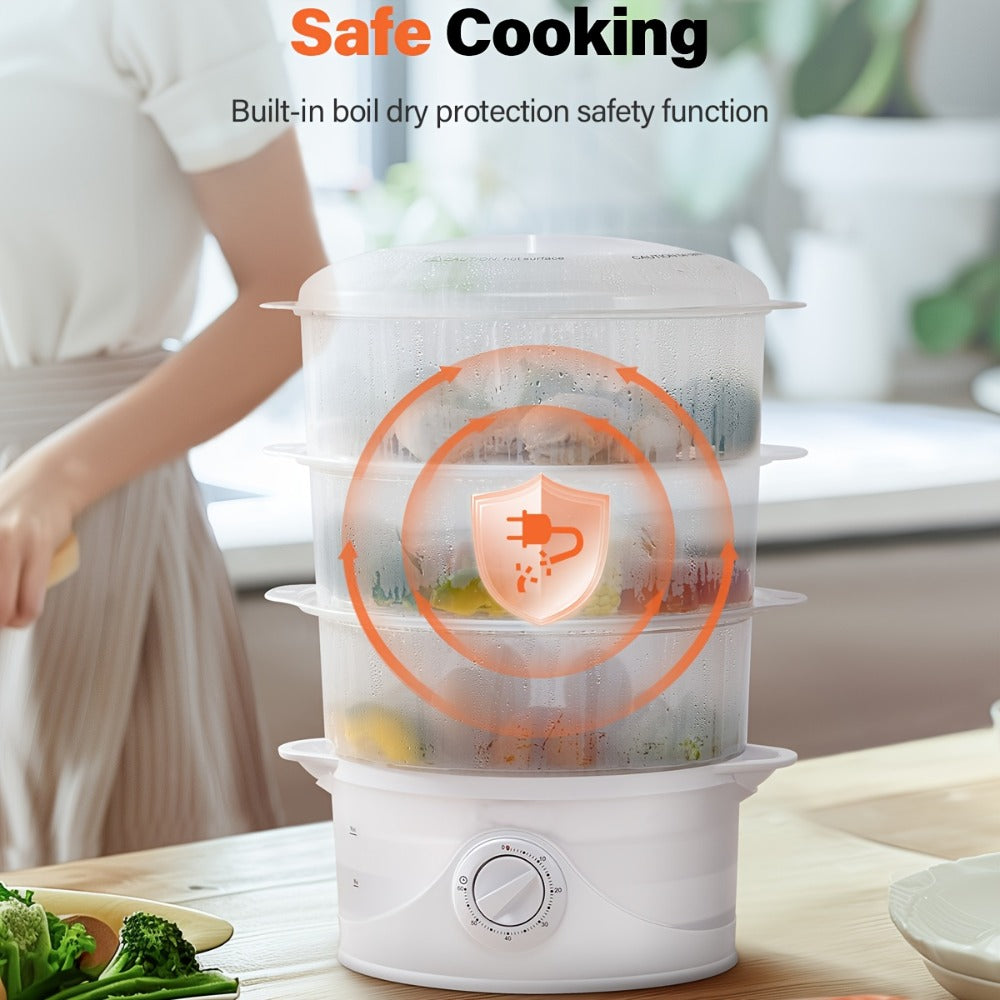 Electric Food Steamer 3-Tier 9.6QT Large, 800W Fast Cooking, 60-Min Timer, Boil-Dry Protection, &