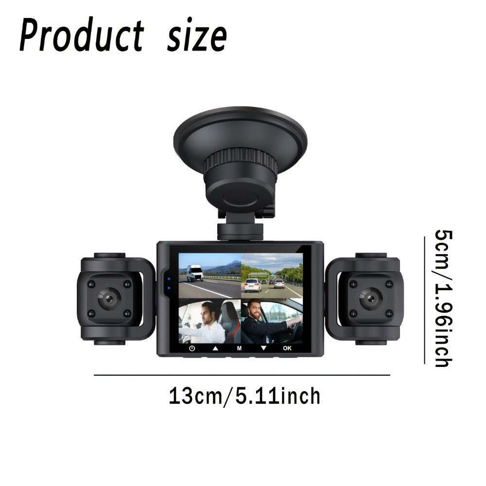 4-Channel 360° Dash Cam 1080P Front + 720P Rear Left Right All-Round Coverage, Quad-Screen Split Display, Night Vision, WDR, G-Sensor