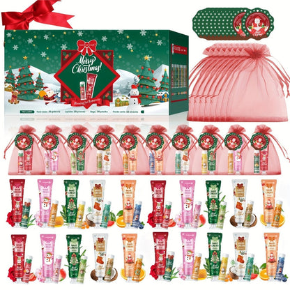 Bulk Gift Set 120 Pieces Lip Balm & Hand Cream with Red Velvet Bags & Holiday Cards – Moisturizing Party Favors for Colleagues