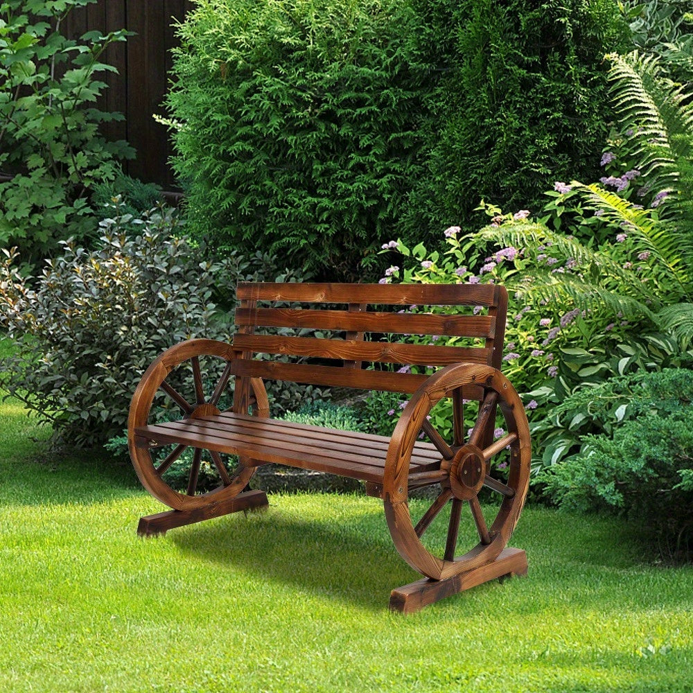 Outdoor Wooden Wheel Bench 3-Person Wagon Slatted Seat Weatherproof Porch Garden