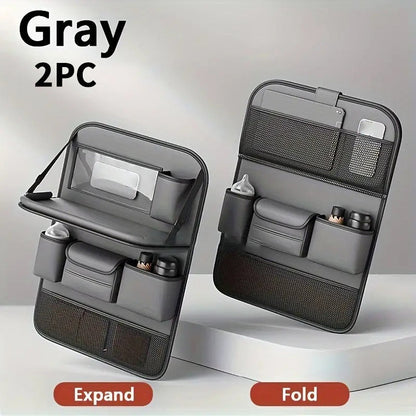 Faux Leather Car Seat Back Organizer with Foldable Tray and Tablet Stand in Black, Gray or Brown, One- or Two-Piece Packs
