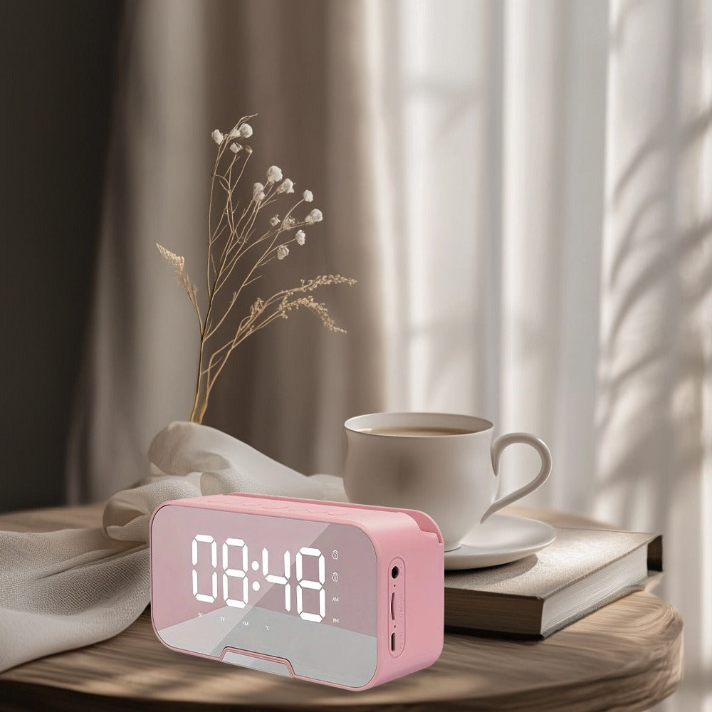 Portable Bluetooth Speaker with LED Mirror Display, Wireless Mic, FM, TF and Alarm in Three Colors