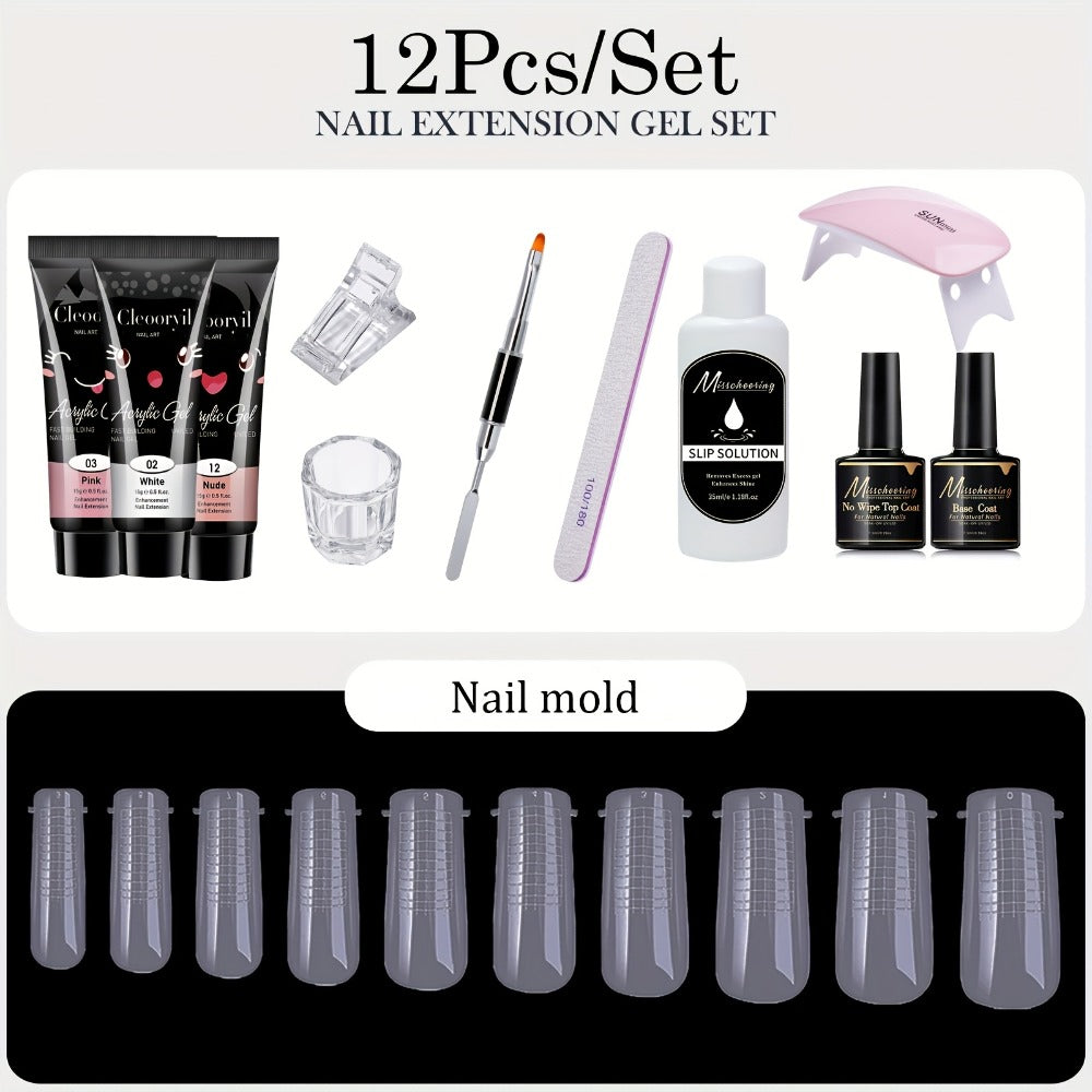 Polygel Nail Kit with LED Lamp 12Pcs Complete Poly Gel Nail Extension Builder Set with Stretch Gel Bicolor Base Coat Finger Sleeves DIY